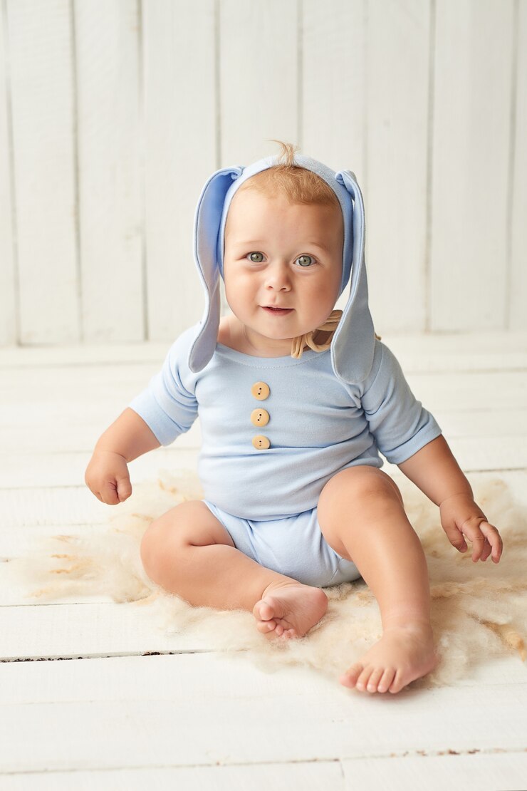 Foto pascua baby boy sentado en la cuna. conejo de pascua. bebé feliz