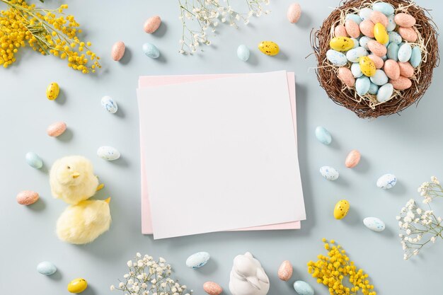 Pascua en blanco para saludos con pollitos amarillos huevos de chocolate flores