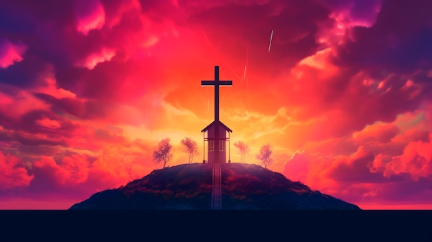 Pascua cristiana Símbolo religioso conceptual en un cielo colorido al atardecer Ilustrador de IA generativa