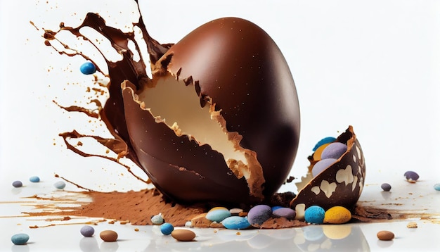 Pascua, huevo de chocolate con conejo o en forma de conejo sobre la mesa