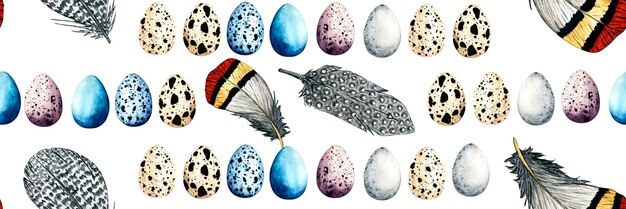 Pascua de patrones sin fisuras con plumas y huevos de colores Ilustración dibujada a mano de primavera aislada sobre fondo blanco