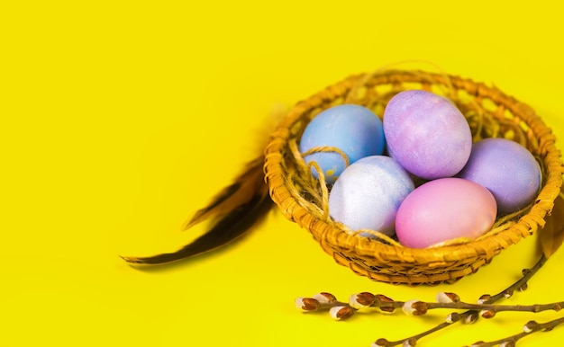 Pascua pintó huevos multicolores en una cesta de mimbre sobre un fondo amarillo con espacio para copiar