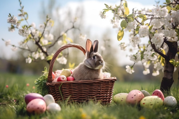 Pascua primavera pascua animal lindo huevo hierba flor huevo prado conejo IA generativa