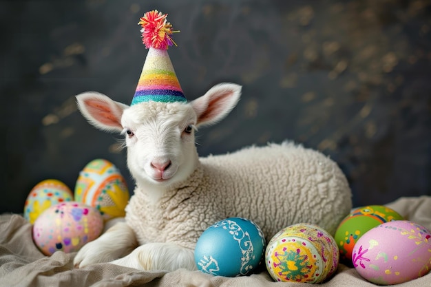 Una Pascua para recordar el cordero juguetón con un sombrero de fiesta rodeado de un arco iris de huevos