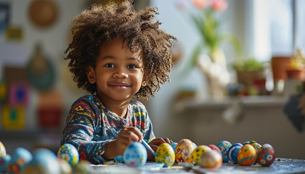 Pascua Tradiciones familiares Amor étnico niño pequeño feliz niño pequeño pronto para teñir y decorar huevos