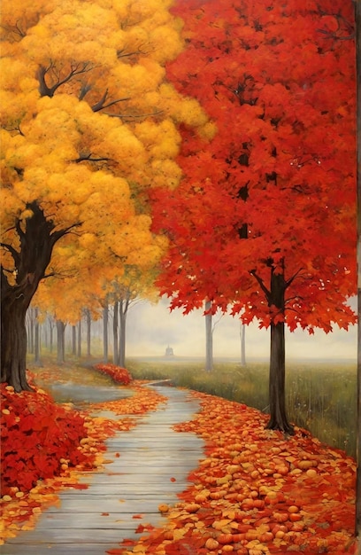Pasé el día pintando el hermoso paisaje de otoño con todo el arte de hojas naranjas y rojas
