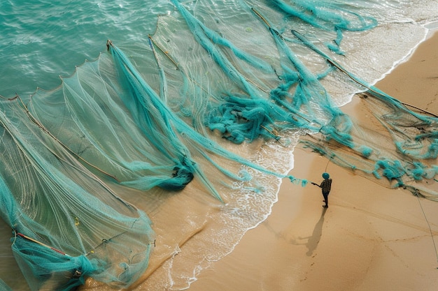 Pasear por la playa de arena donde los pescadores exhiben ai generativo