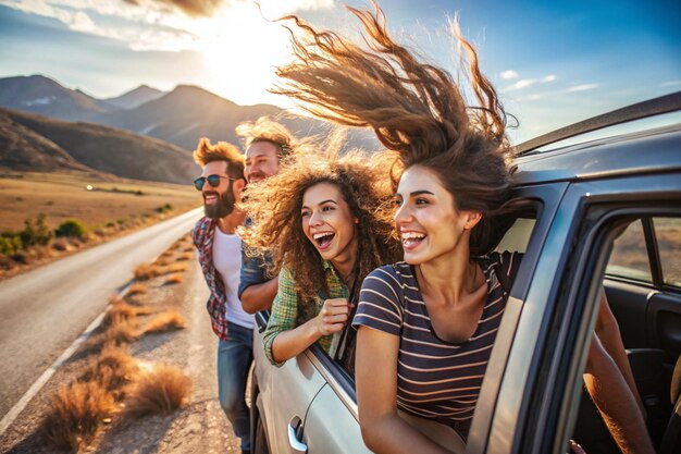 Un paseo alegre Amigos compartiendo risas a lo largo de un camino sereno a orillas de un lago
