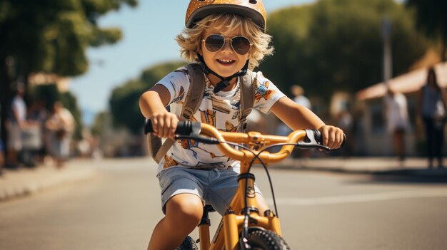 paseo en bicicleta por el campo joven jinete niño con casco