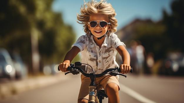 Foto paseo en bicicleta por el campo joven jinete niño con casco