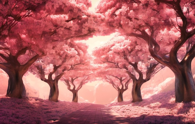 Un paseo bordeado de árboles rosados en flor