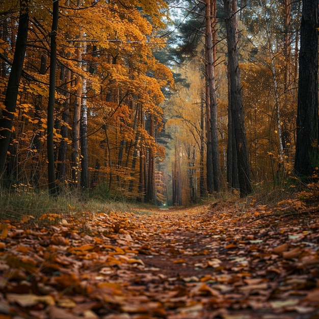 Paseo por el bosque de otoño Camino de tierra tranquilo rodeado de árboles y hojas