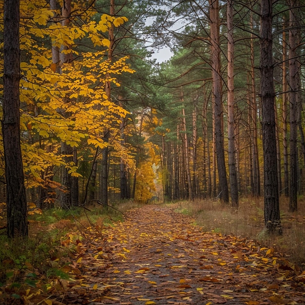 Paseo por el bosque de otoño Camino tranquilo a través de hojas amarillas