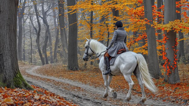 Un paseo a caballo a través del bosque Una chica con un abrigo gris montando un caballo monta a lo largo de la carretera