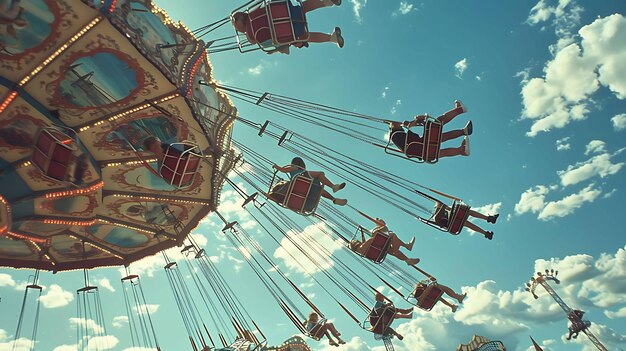 Un paseo en columpio de carnaval está en pleno apogeo con jinetes volando alto y disfrutando de la vista