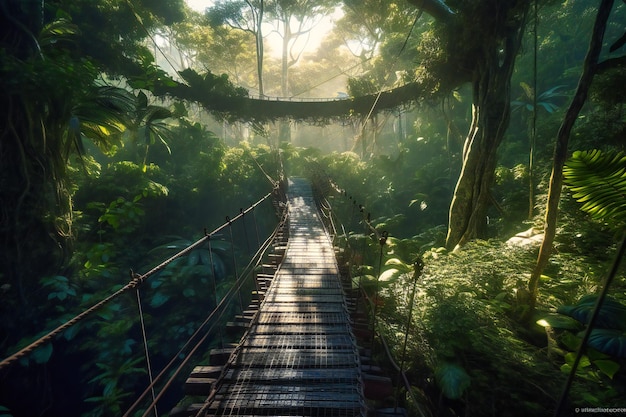 Un paseo por el dosel de la selva tropical con un exuberante follaje verde, aves exóticas y el sonido distante de una cascada