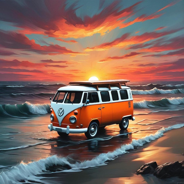 Un paseo en furgoneta por la arena del mar con la puesta de sol en la parte superior