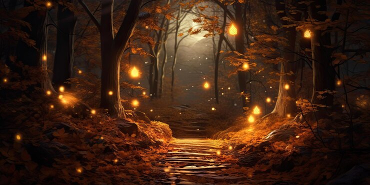Paseo en heno a la luz de la luna a través de un magnífico bosque con el camino cubierto de hojas