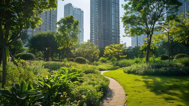 Paseo de jardín entre los altos edificios de la ciudad