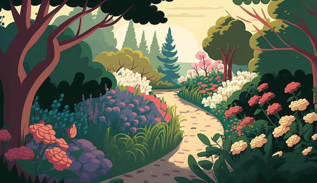 Un paseo por el jardín Ilustración de la IA generativa de verano