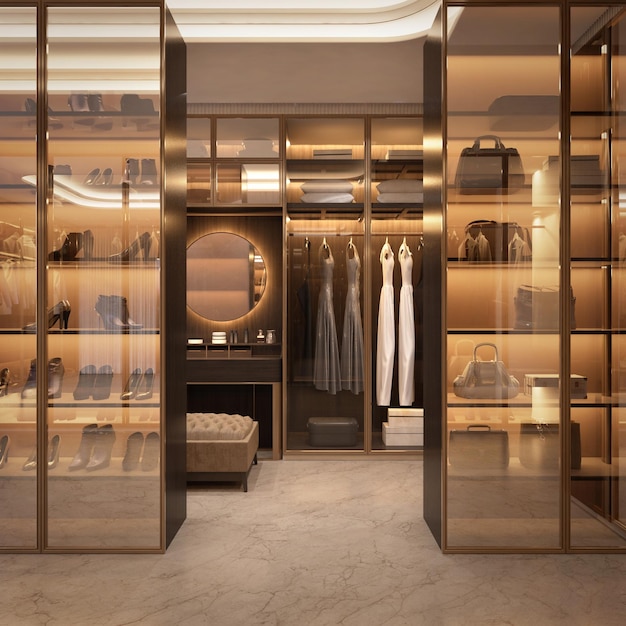 Paseo de lujo en el interior del armario con elementos de madera y oro renderización 3D