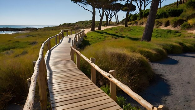 un paseo marítimo de madera conduce a una playa con árboles y hierba