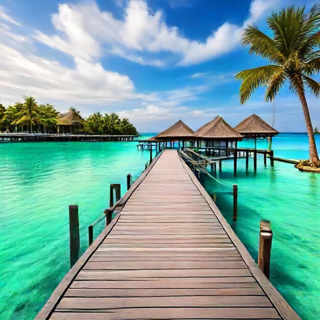 un paseo marítimo de madera conduce a una playa con palmeras y un cielo azul