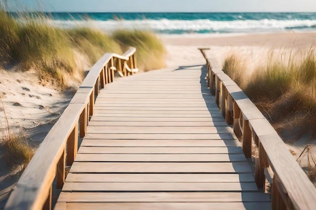 Paseo marítimo a la playa con un paseo marítimo de madera en el fondo.