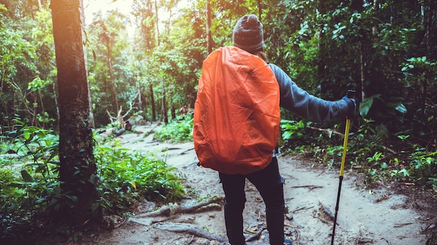 Foto paseo de mochila en el prado en el verano de bosque