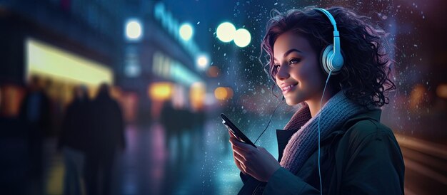 Paseo nocturno por la ciudad Lady camina felizmente con los auriculares en el teléfono inteligente en la mano Sonriendo mirando alrededor del espacio para el texto