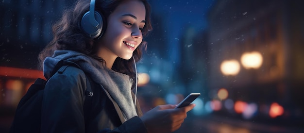 Paseo nocturno por la ciudad Lady camina felizmente con los auriculares en el teléfono inteligente en la mano Sonriendo mirando alrededor del espacio para el texto