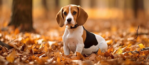 Paseo de otoño de un cachorro de beagle en el bosque