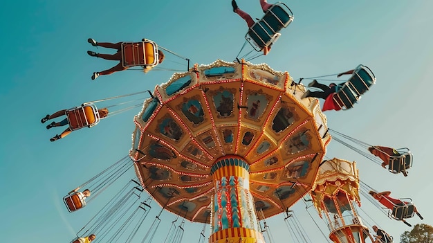 Un paseo en un parque de atracciones Los jinetes están volando alto mientras el paseo da vueltas y vueltas