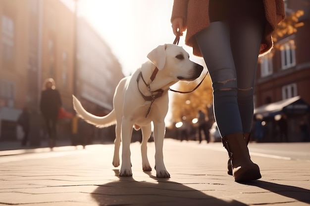 Paseo de perro blanco con una mujer en la ciudad ai ilustración generativa