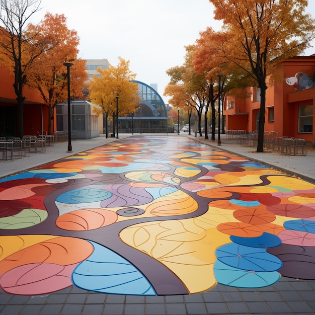Paseo pintado de colores brillantes frente a un edificio con árboles generativos ai