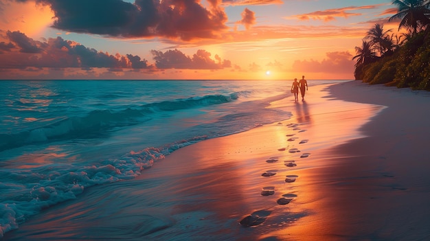 Paseo por la playa al atardecer Una pareja camina descalza por la orilla de arena dejando huellas en la arena