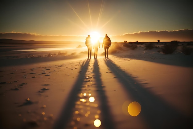 Un paseo romántico al atardecer en una hermosa playa de arena blanca, ai generativo