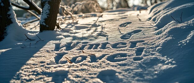 Un paseo romántico en la nieve con huellas que forman las palabras Winter Love