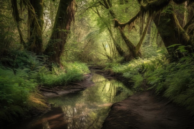 Paseo tranquilo por el bosque sereno con el canto de los pájaros y el murmullo del arroyo creado con inteligencia artificial generativa