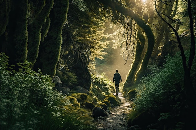 Un paseo tranquilo por un exuberante bosque verde con árboles altos y luz solar moteada Generado por IA