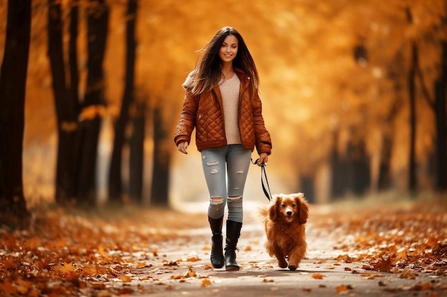 Paseo tranquilo por el parque Mujer feliz con perro pequeño en el sendero IA generativa