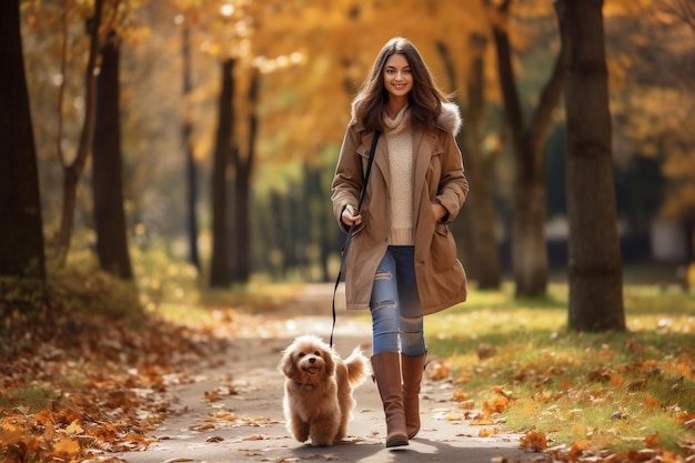 Paseo tranquilo por el parque Mujer feliz con perro pequeño en el sendero IA generativa