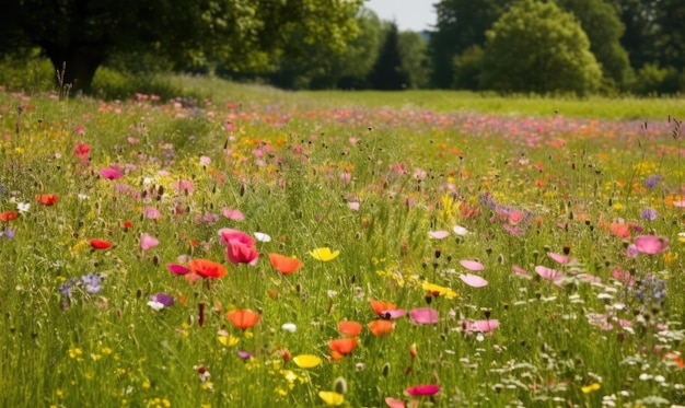 Un paseo tranquilo por un prado primaveral de flores Creando usando herramientas generativas de IA