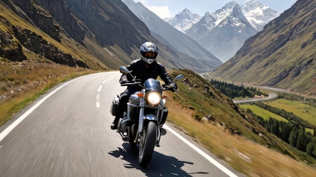 Foto paseos de montaña tour en motocicleta sereno y emocionante a través de majestuosos paisajes generados por ia