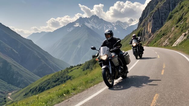 Foto paseos de montaña tour en motocicleta sereno y emocionante a través de majestuosos paisajes generados por ia