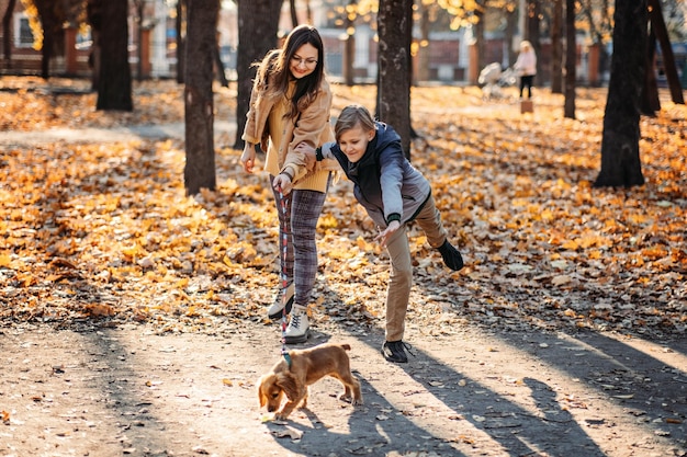 Paseos de otoño con la familia Feliz madre de familia y su hijo adolescente divirtiéndose con un cachorro de cocker spaniel en el parque de otoño