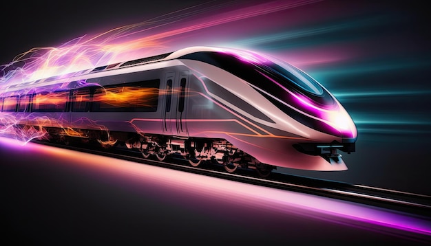 Paseos en tren de alta velocidad en luces de neón larga exposición tecnología moderna del futuro concepto de transporte logístico