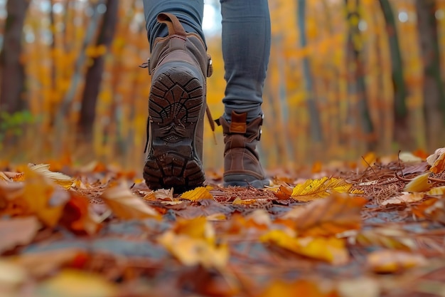 Foto paseos turísticos en el bosque de otoño pies de primer plano