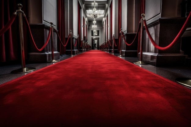 Un pasillo alfombrado rojo con alfombra roja y barreras de cuerda IA generativa