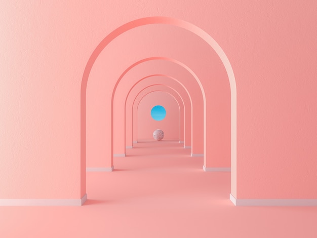 Pasillo de arco de color rosa pastel coral fondo geométrico simple, corredor arquitectónico, portal, túnel largo dentro de la pared vacía. Representación 3d